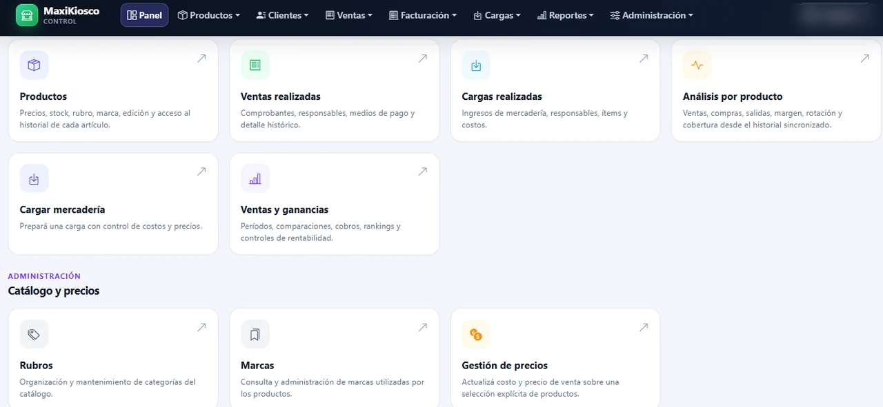 Accesos a productos, ventas, cargas, análisis, rubros, marcas y gestión de precios