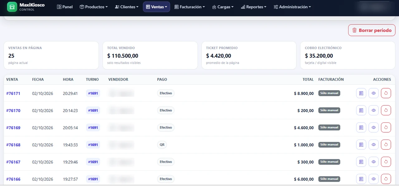 Listado real de ventas con pagos, facturación y acciones