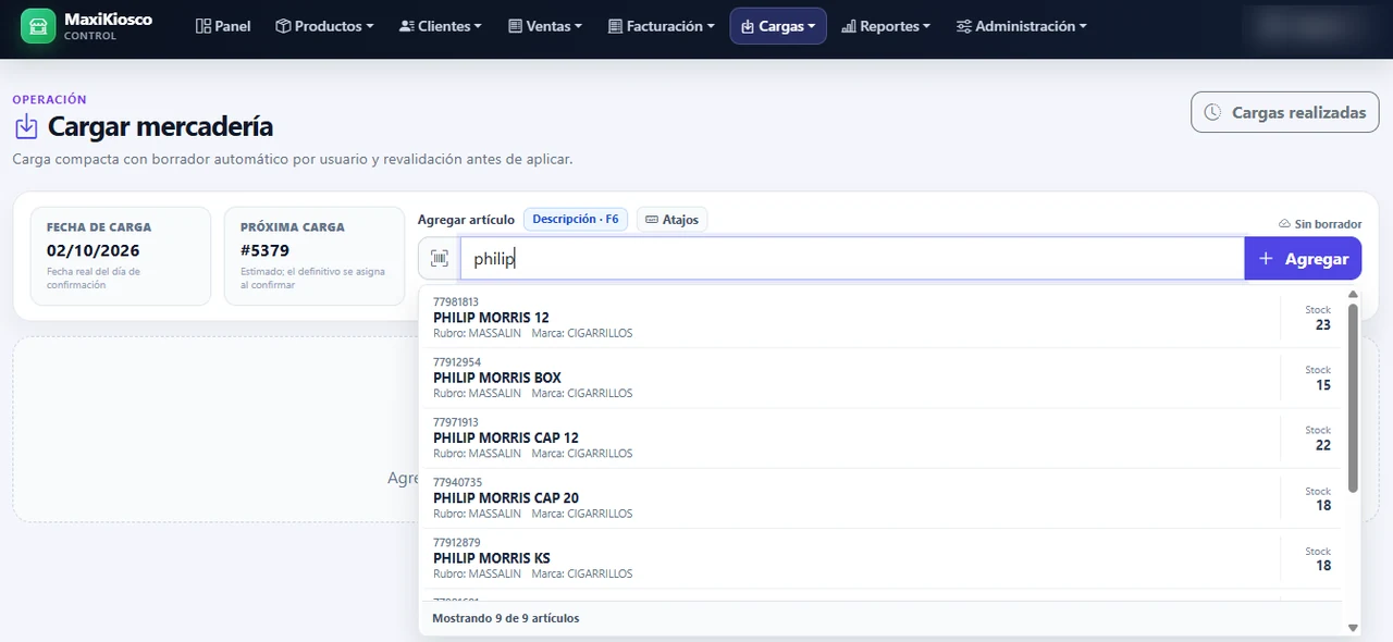 Pantalla real para carga de mercadería con búsqueda de productos y stock